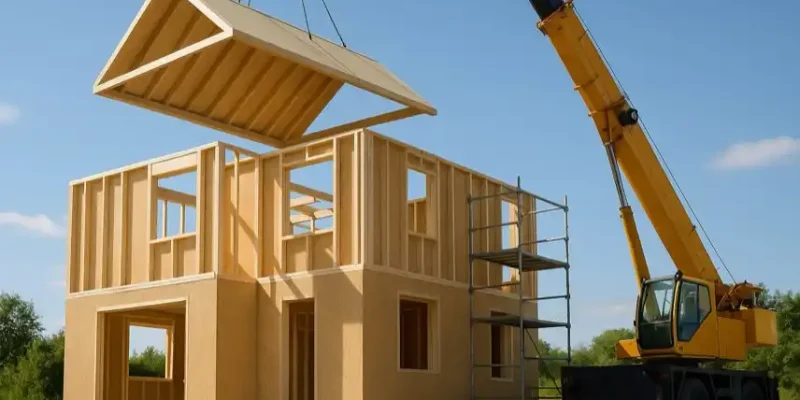 im Bau befindlichen polnischen Fertighauses mit Kran und Holzmodulen, dargestellt als fotorealistisches Beispiel für den Fertighaus-Trend 2025.