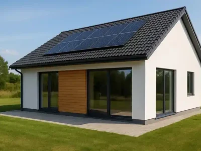 Fotorealistisches Symbolbild eines polnischen Energiesparhauses mit Solarpaneelen auf dem Dach, nachhaltige Bauweise, modernes Einfamilienhaus im Grünen.