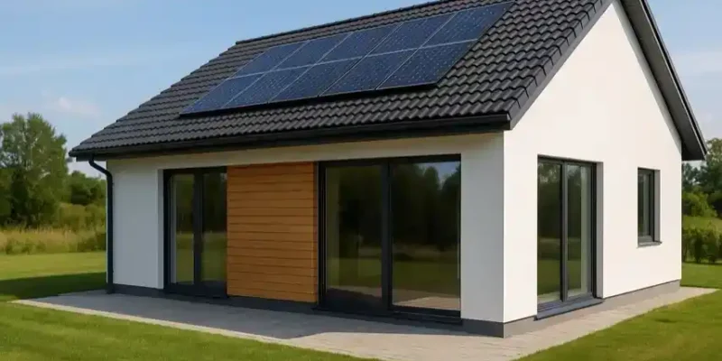 Fotorealistisches Symbolbild eines polnischen Energiesparhauses mit Solarpaneelen auf dem Dach, nachhaltige Bauweise, modernes Einfamilienhaus im Grünen.