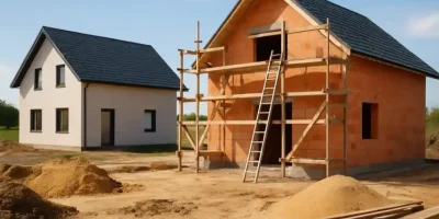 Massivhaus Bauvergleich – Symbolfoto mit Rohbau und fertiggestelltem Einfamilienhaus, Kostenvergleich Polen vs. Deutschland.