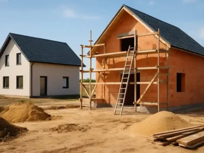 Massivhaus Bauvergleich – Symbolfoto mit Rohbau und fertiggestelltem Einfamilienhaus, Kostenvergleich Polen vs. Deutschland.