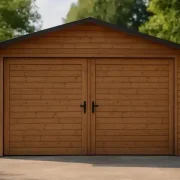 Holzgarage mit Doppeltor aus Polen, wetterfest und robust, aufgestellt in einer grünen Umgebung.