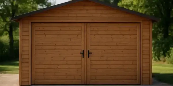 Holzgarage mit Doppeltor aus Polen, wetterfest und robust, aufgestellt in einer grünen Umgebung.