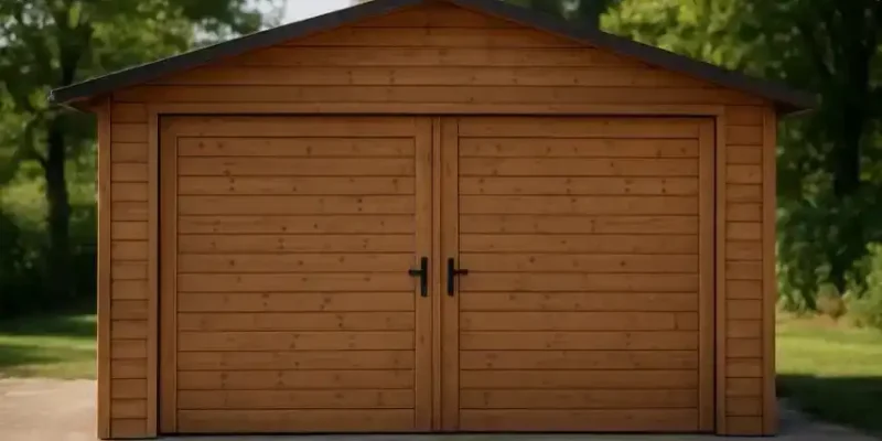 Holzgarage mit Doppeltor aus Polen, wetterfest und robust, aufgestellt in einer grünen Umgebung.