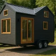 Fotorealistisches Bild eines polnischen Tiny Houses mit moderner Dämmung auf einem Anhänger, energieeffiziente Wohnlösung für deutsche Grundstücke.