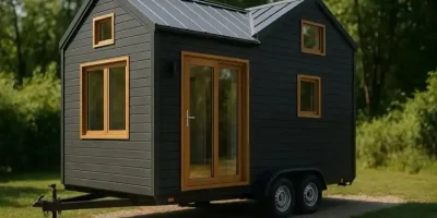 Fotorealistisches Bild eines polnischen Tiny Houses mit moderner Dämmung auf einem Anhänger, energieeffiziente Wohnlösung für deutsche Grundstücke.