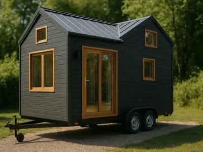 Fotorealistisches Bild eines polnischen Tiny Houses mit moderner Dämmung auf einem Anhänger, energieeffiziente Wohnlösung für deutsche Grundstücke.