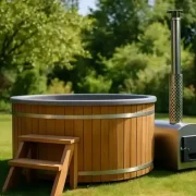 Badefass aus Polen mit Holzofen im Garten als Symbolbild für skandinavisches Wellness-Feeling und autarke Entspannung.