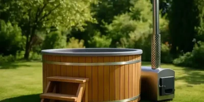 Badefass aus Polen mit Holzofen im Garten als Symbolbild für skandinavisches Wellness-Feeling und autarke Entspannung.