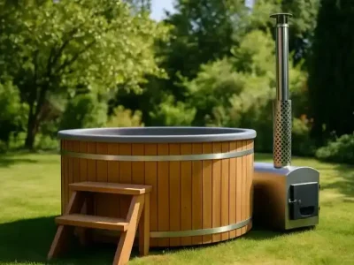 Badefass aus Polen mit Holzofen im Garten als Symbolbild für skandinavisches Wellness-Feeling und autarke Entspannung.